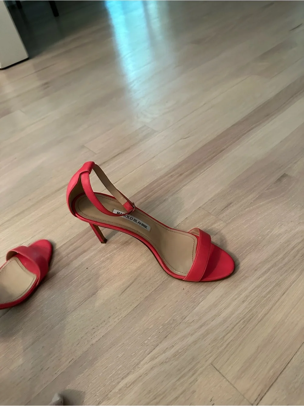 Manolo Blahnik Red Satin Ankle-Strap Open-Toe Heels